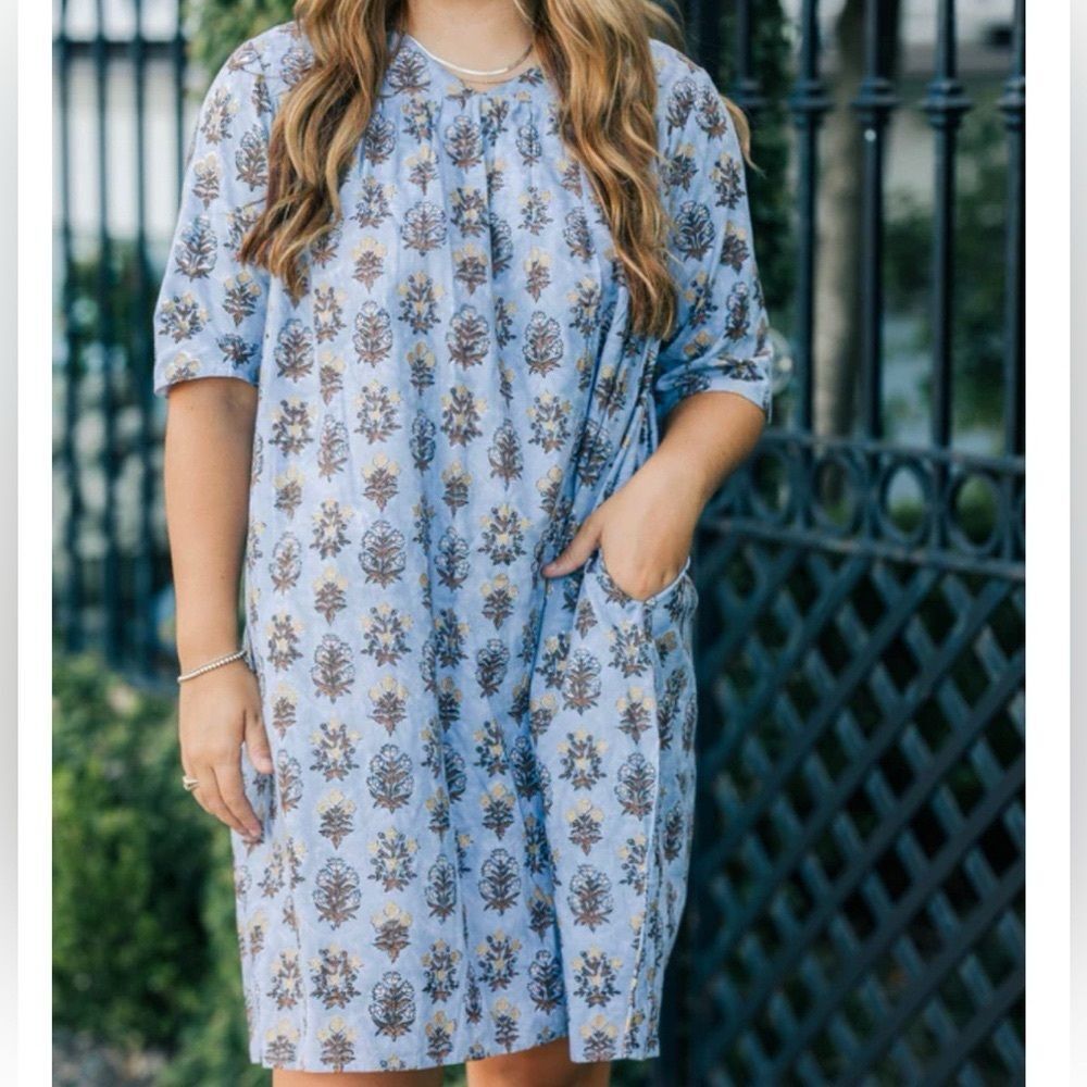 Victoria Dunn Dress Size Small Hand-blocked Floral Cotton Shift Blue & Butter